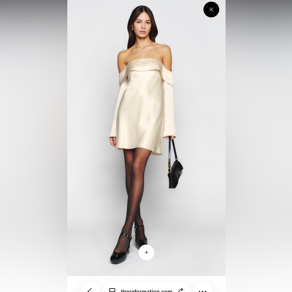Reformation Mavesoff-Shoulder Cream Satin Mini Dress In The Color Almond Size M